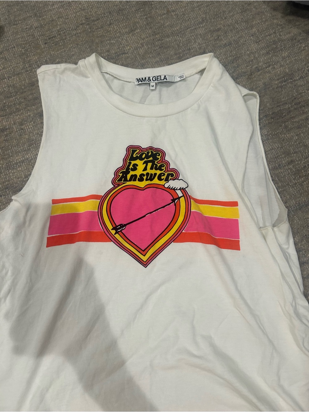 Pam & Gela White Tank with Pink Heart and Multi-Color Stripes